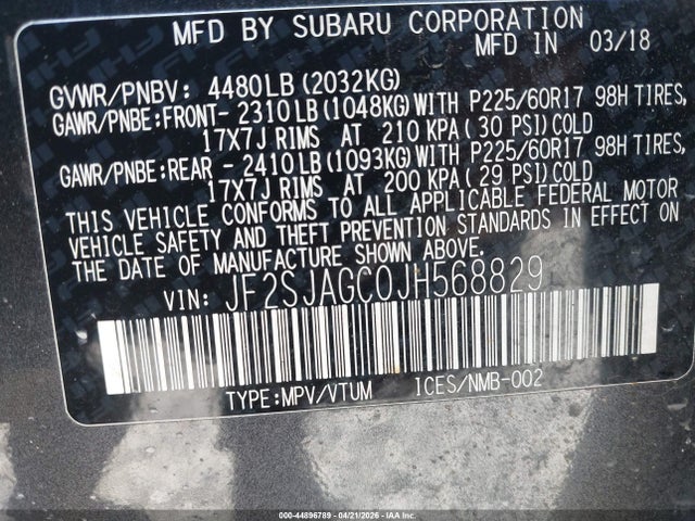 Продаж на аукціоні авто 2018 Subaru Forester 2.5i Premium, vin: JF2SJAGC0JH568829, номер лоту: 44896789