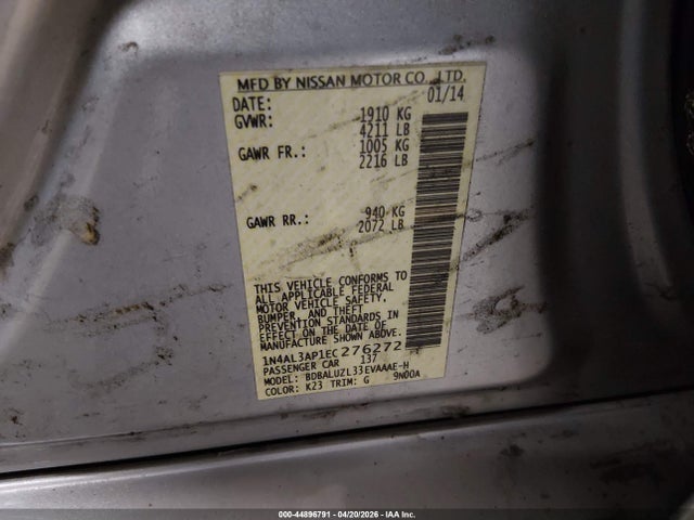 44896791 :رقم المزاد ، 1N4AL3AP1EC276272 vin ، 2014 Nissan Altima 2.5 Sv مزاد بيع