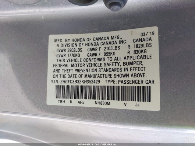 2019 Honda Civic Ex მანქანა იყიდება აუქციონზე, vin: 2HGFC3B32KH353429, აუქციონის ნომერი: 44896821