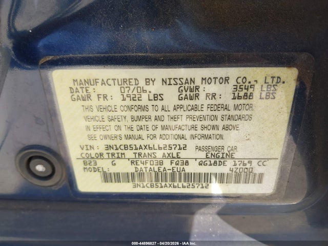 Aukcja sprzedaży 2006 Nissan Sentra 1.8s, vin: 3N1CB51AX6L625712, numer aukcji: 44896827