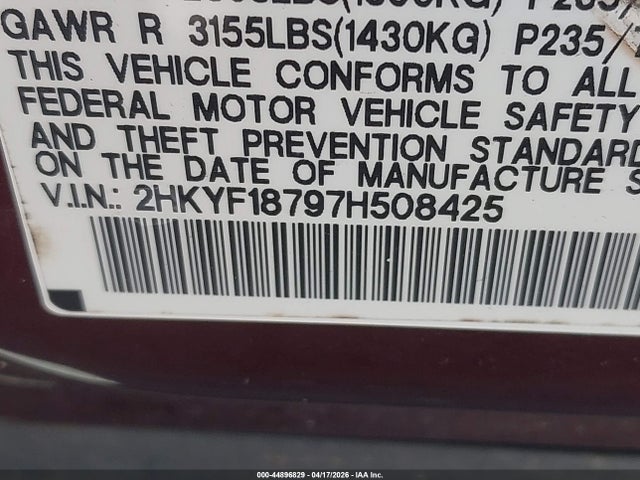 2007 Honda Pilot Ex-l მანქანა იყიდება აუქციონზე, vin: 2HKYF18797H508425, აუქციონის ნომერი: 44896829