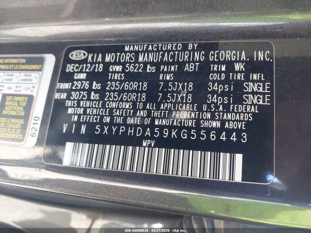 Продажа на аукционе авто 2019 Kia Sorento 3.3l Ex, vin: 5XYPHDA59KG556443, номер лота: 44896836