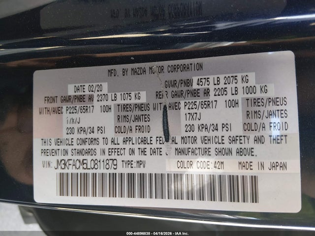 Продаж на аукціоні авто 2020 Mazda Cx-5 Touring, vin: JM3KFACM5L0811879, номер лоту: 44896838