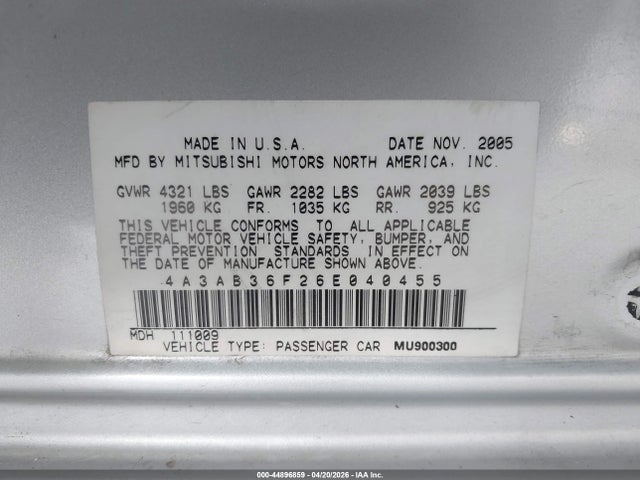 Продаж на аукціоні авто 2006 Mitsubishi Galant Es/se, vin: 4A3AB36F26E040455, номер лоту: 44896859