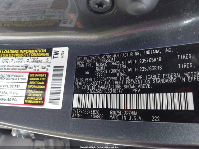 Продаж на аукціоні авто 2020 Toyota Highlander Xle, vin: 5TDGZRBH1LS018147, номер лоту: 44896864