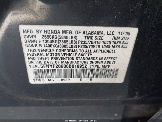 Aukcja sprzedaży 2006 Honda Pilot Ex-l, vin: 5FNYF28606B018952, numer aukcji: 44896877