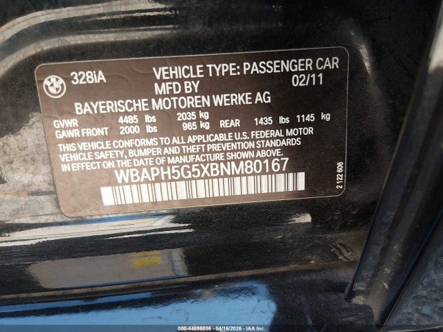 44896896 :رقم المزاد ، WBAPH5G5XBNM80167 vin ، 2011 Bmw 328i مزاد بيع