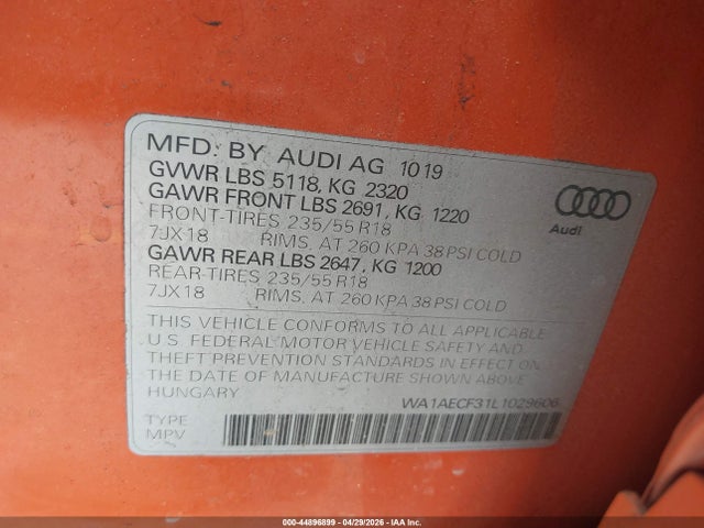 44896899 :رقم المزاد ، WA1AECF31L1029606 vin ، 2020 Audi Q3 Premium 45 Tfsi Quattro Tiptronic مزاد بيع