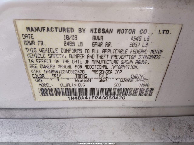 Продаж на аукціоні авто 2004 Nissan Maxima 3.5 Se, vin: 1N4BA41E24C863478, номер лоту: 44896900