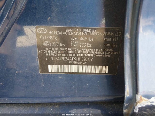 Aukcja sprzedaży 2017 Hyundai Sonata, vin: 5NPE24AF9HH520139, numer aukcji: 44896917