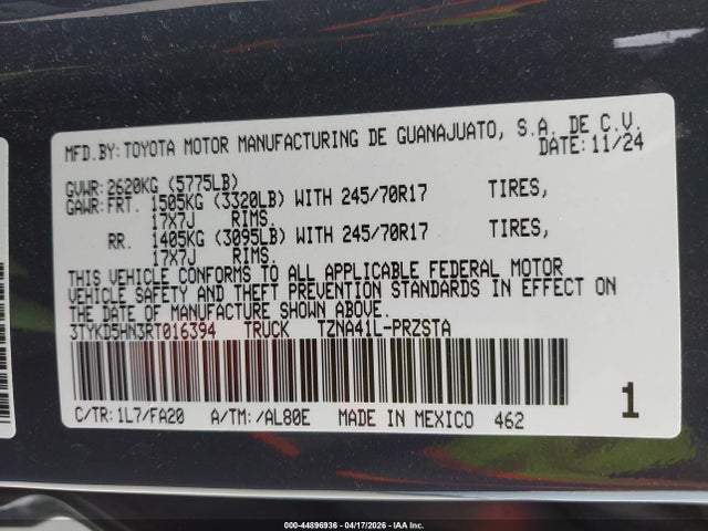 Продажа на аукционе авто 2024 Toyota Tacoma Sr, vin: 3TYKD5HN3RT016394, номер лота: 44896936