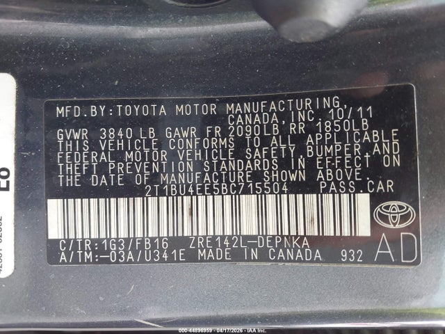 Aukcja sprzedaży 2011 Toyota Corolla Le, vin: 2T1BU4EE5BC715504, numer aukcji: 44896959