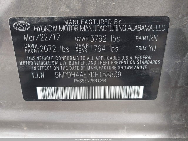 Aukcja sprzedaży 2013 Hyundai Elantra Limited, vin: 5NPDH4AE7DH158839, numer aukcji: 44896960