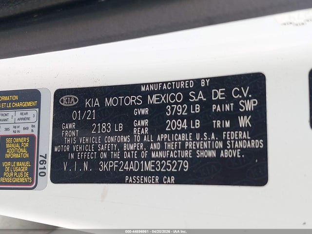 Продаж на аукціоні авто 2021 Kia Forte Lxs, vin: 3KPF24AD1ME325279, номер лоту: 44896961