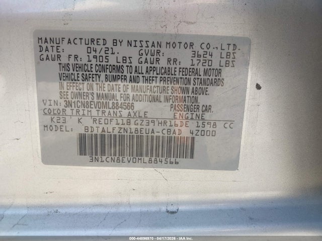 Продажа на аукционе авто 2021 Nissan Versa Sv Xtronic Cvt, vin: 3N1CN8EV0ML884566, номер лота: 44896970