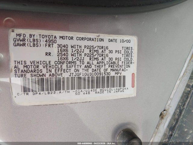 44896968 :رقم المزاد ، JTJGF10U310091530 vin ، 2001 Lexus Rx 300 مزاد بيع