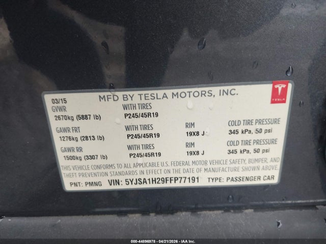 Aukcja sprzedaży 2015 Tesla Model S 70d/85d/p85d, vin: 5YJSA1H29FFP77191, numer aukcji: 44896978