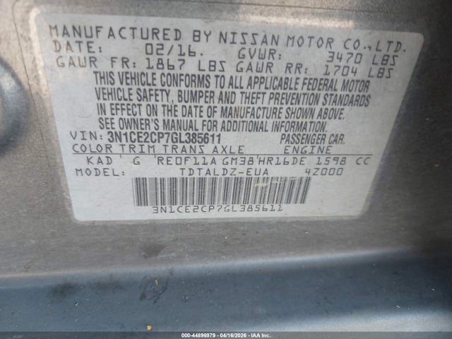 44896979 :رقم المزاد ، 3N1CE2CP7GL385611 vin ، 2016 Nissan Versa Note S (sr)/s Plus/sl/sr/sv مزاد بيع