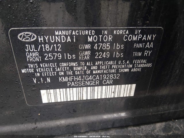 2012 Hyundai Azera მანქანა იყიდება აუქციონზე, vin: KMHFH4JG4CA192832, აუქციონის ნომერი: 44896981