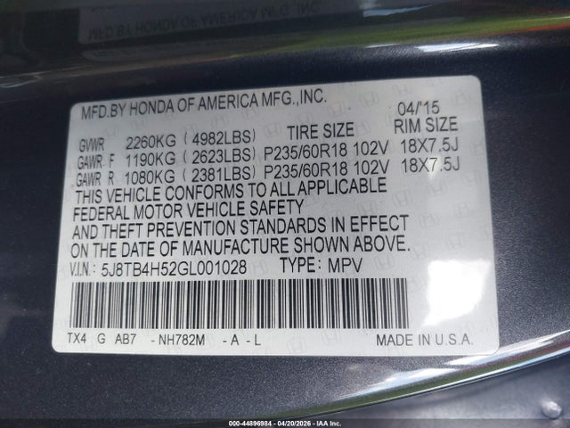 Продаж на аукціоні авто 2016 Acura Rdx Technology   Acurawatch Plus Packages/technology Package, vin: 5J8TB4H52GL001028, номер лоту: 44896984