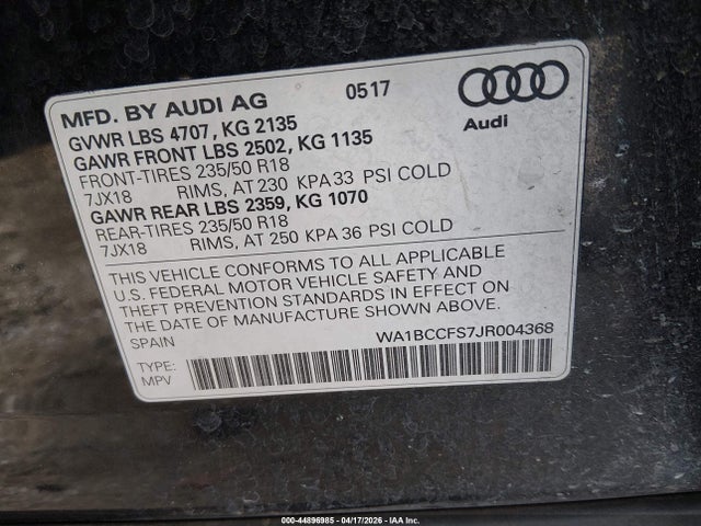 Aukcja sprzedaży 2018 Audi Q3 2.0t Premium/2.0t Sport Premium, vin: WA1BCCFS7JR004368, numer aukcji: 44896985