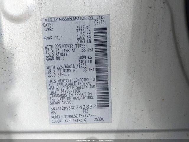 Продаж на аукціоні авто 2016 Nissan Rogue Sl, vin: 5N1AT2MV3GC742832, номер лоту: 44896988