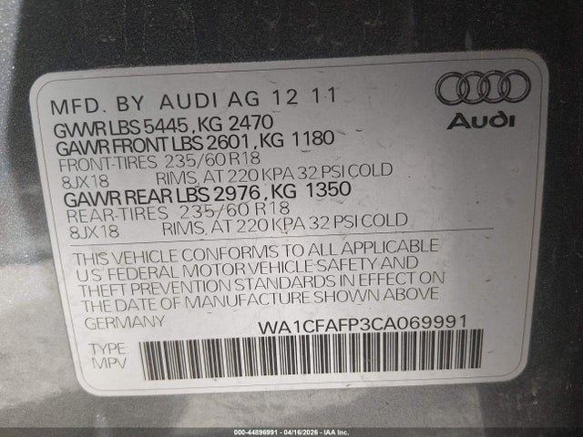 2012 Audi Q5 2.0t Premium მანქანა იყიდება აუქციონზე, vin: WA1CFAFP3CA069991, აუქციონის ნომერი: 44896991