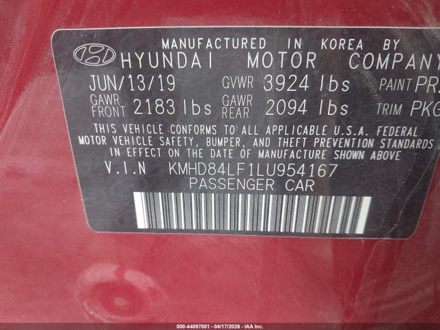 Продажа на аукционе авто 2020 Hyundai Elantra Limited, vin: KMHD84LF1LU954167, номер лота: 44897001