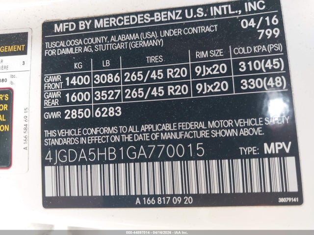 Aukcja sprzedaży 2016 Mercedes-benz Gle 350 4matic, vin: 4JGDA5HB1GA770015, numer aukcji: 44897014