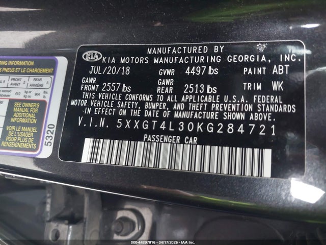 Aukcja sprzedaży 2019 Kia Optima S, vin: 5XXGT4L30KG284721, numer aukcji: 44897016