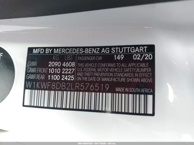 44897029 :رقم المزاد ، W1KWF8DB2LR576519 vin ، 2020 Mercedes-benz C 300 مزاد بيع