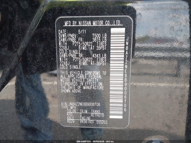 44897031 :رقم المزاد ، JN8AZ2NE6B9006706 vin ، 2011 Infiniti Qx56 مزاد بيع