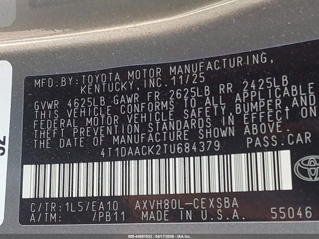Продаж на аукціоні авто 2026 Toyota Camry Se, vin: 4T1DAACK2TU684379, номер лоту: 44897032