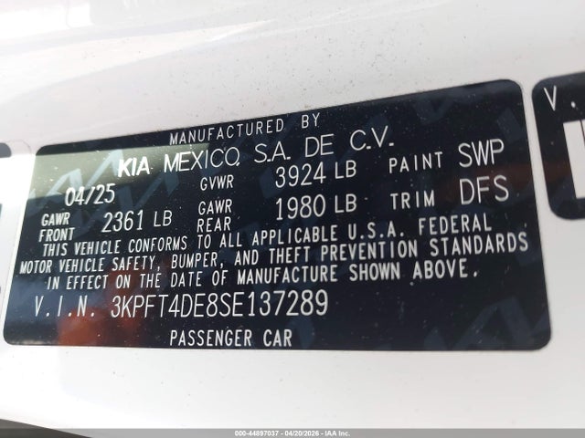 Aukcja sprzedaży 2025 Kia K4 Lx, vin: 3KPFT4DE8SE137289, numer aukcji: 44897037