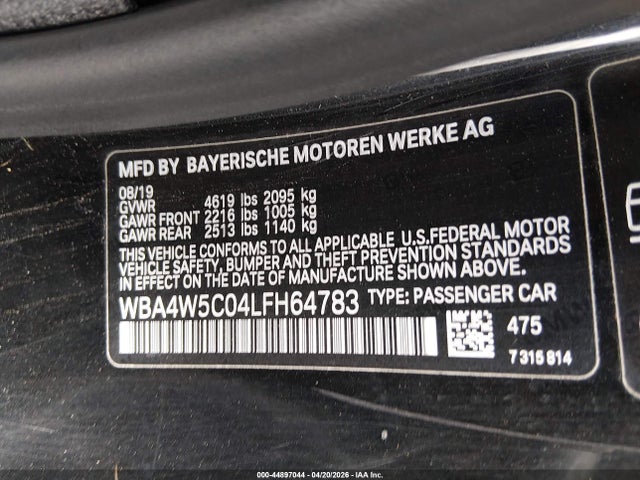 2020 Bmw 430i Xdrive მანქანა იყიდება აუქციონზე, vin: WBA4W5C04LFH64783, აუქციონის ნომერი: 44897044
