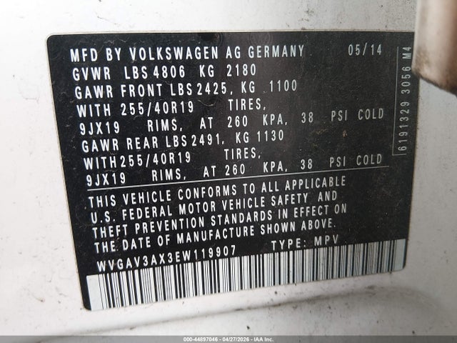 44897046 :رقم المزاد ، WVGAV3AX3EW119907 vin ، 2014 Volkswagen Tiguan R-line مزاد بيع