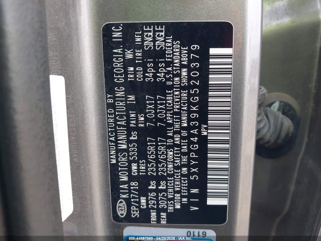 Продажа на аукционе авто 2019 Kia Sorento 2.4l Lx, vin: 5XYPG4A39KG520379, номер лота: 44897065