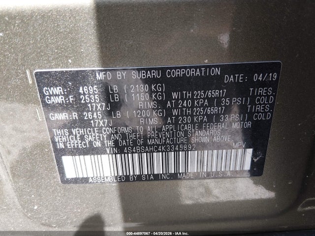 44897067 :رقم المزاد ، 4S4BSAHC4K3345892 vin ، 2019 Subaru Outback 2.5i Premium مزاد بيع