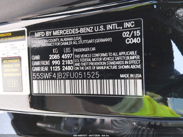 Продажа на аукционе авто 2015 Mercedes-benz C 300, vin: 55SWF4JB2FU051525, номер лота: 44897077