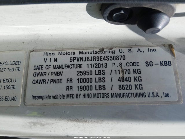Продаж на аукціоні авто 2014 Hino 258/268, vin: 5PVNJ8JR9E4S50870, номер лоту: 44897080