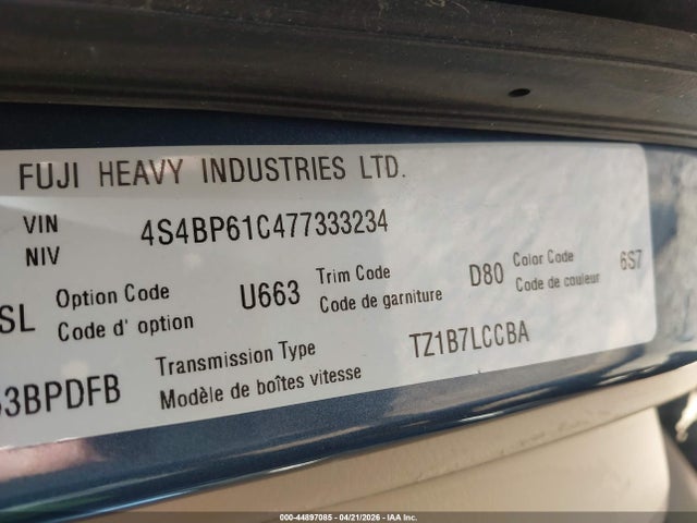 44897085 :رقم المزاد ، 4S4BP61C477333234 vin ، 2007 Subaru Outback 2.5i Basic مزاد بيع