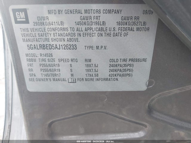 44897090 :رقم المزاد ، 5GALRBED5AJ126233 vin ، 2010 Buick Enclave 1xl مزاد بيع