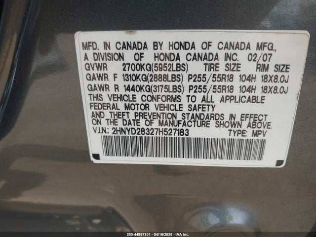 Продаж на аукціоні авто 2007 Acura Mdx Technology Package, vin: 2HNYD28327H527183, номер лоту: 44897101