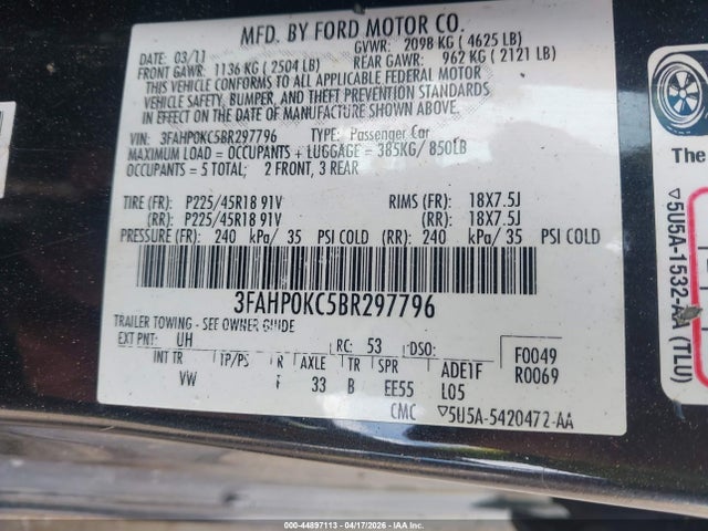 Продаж на аукціоні авто 2011 Ford Fusion Sport, vin: 3FAHP0KC5BR297796, номер лоту: 44897113
