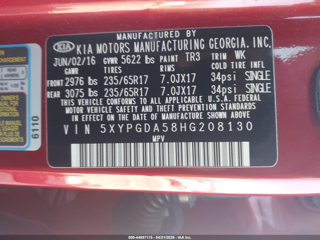 44897115 :رقم المزاد ، 5XYPGDA58HG208130 vin ، 2017 Kia Sorento 3.3l Lx مزاد بيع