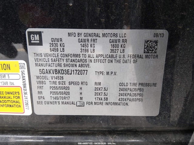 44897122 :رقم المزاد ، 5GAKVBKD3EJ172077 vin ، 2014 Buick Enclave Leather مزاد بيع