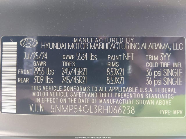 Aukcja sprzedaży 2024 Hyundai Santa Fe Calligraphy, vin: 5NMP54GL3RH066238, numer aukcji: 44897125