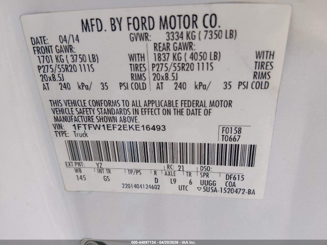 44897134 :رقم المزاد ، 1FTFW1EF2EKE16493 vin ، 2014 Ford F-150 Xlt مزاد بيع