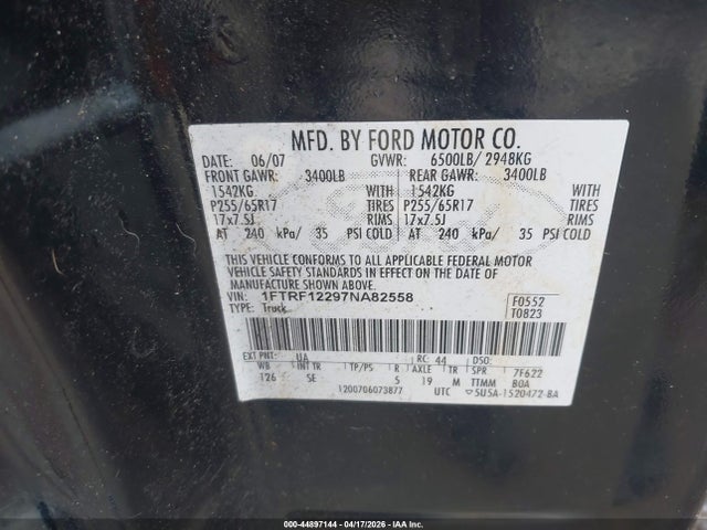 Продажа на аукционе авто 2007 Ford F-150 Stx/xl/xlt, vin: 1FTRF12297NA82558, номер лота: 44897144