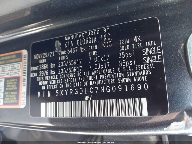 Aukcja sprzedaży 2022 Kia Sorento Lx, vin: 5XYRGDLC7NG091690, numer aukcji: 44897145